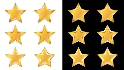 Set of golden rating stars with borders on white and black background. For rating or decorative decoration. Design element.