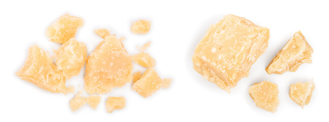 Parmesan cheese pieces isolated on white background. Closeup. Top view. Flat lay