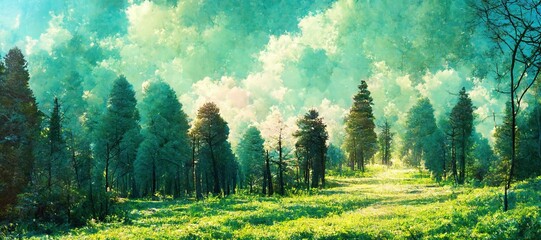 Scenic summer green grass meadow, beautiful and enchanting pine forest glade - watercolor style fluffy clouds. Tranquil and peaceful nature art.     - obrazy, fototapety, plakaty