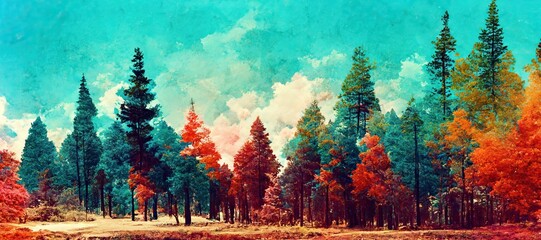Watercolor style scenic autumn fall landscape, pine forest trees panoramic vista - gorgeous clouds and mountain hills. Tranquil and peaceful outdoor nature art.