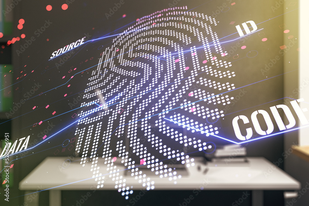 Leinwandbilder Multi exposure of abstract fingerprint scan interface and modern desk with computer on background, digital access concept