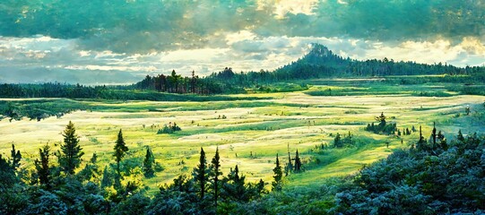 Watercolor style scenic summer green landscape, pine forest trees panoramic vista -  gorgeous clouds and mountain hills. Tranquil and peaceful outdoor nature art.    