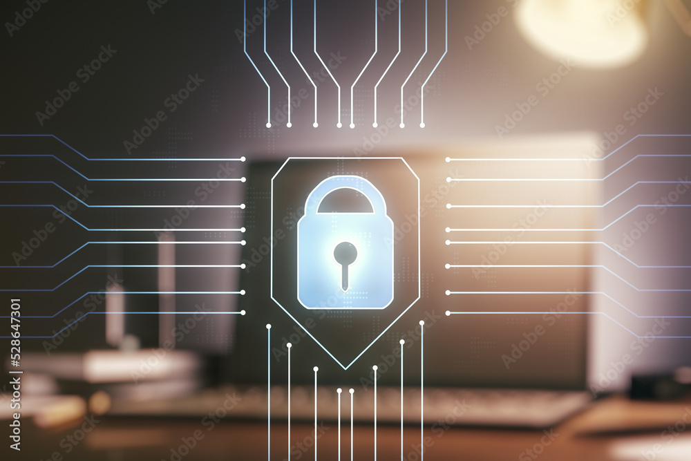 Poster double exposure of creative lock hologram with chip on laptop background. information security conce