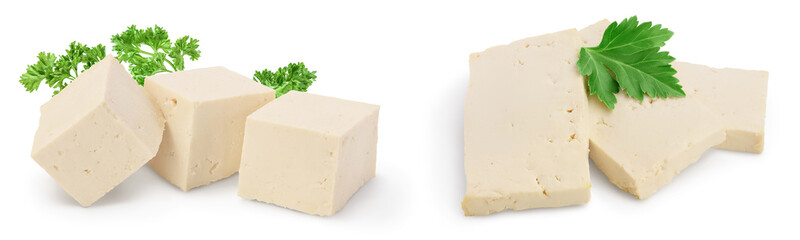 diced tofu cheese isolated on white background with full depth of field,