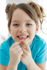 The child has lost a tooth. Little girl without a tooth. The first tooth fell out. High quality photo