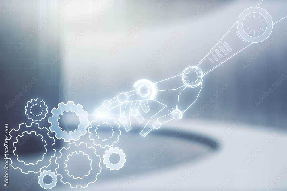 Aufkleber double exposure of abstract virtual robotics technology hologram on empty modern office background. 