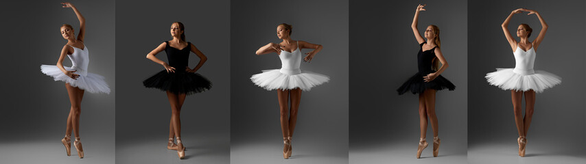 Set of beautiful female ballet dancer on dark background.