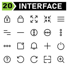 User interface icon set include padlock, lock, user interface, maximize, size, full screen, minimize, menu, align, minus, remove, more, circle, vertical, horizontal, notification, square,message,alarm