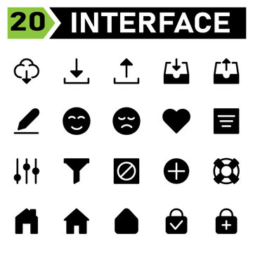 User interface icon set include cloud, weather, download, user interface, arrows, upload, draw, pencil, edit, face, emoticon, smile, sad, love, favorite, filter, menu, option, tunnel, block full cross