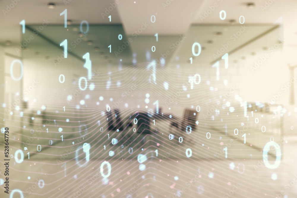 Aufkleber abstract virtual binary code hologram on a modern furnished classroom background, ai and machine lea
