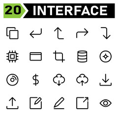 Fototapeta premium User interface icon set include corner, down, left, arrows, user interface, up, right, chip set, microchip, processor, credit, card, money, transaction, crop, measure, modify, database, storage, data