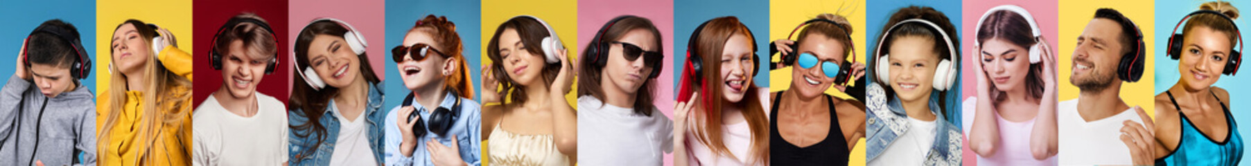 Obraz premium men and women in headphones listening to music