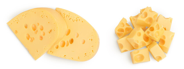 piece of cheese isolated on white background. Top view. Flat lay