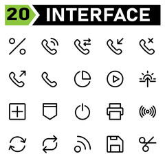 User interface icon set include percent, discount, offer, sale, user interface, phone, call, ringing, telephone, forwarded, incoming, missed, outgoing, pie, chart, statistic, graph, analytic, play