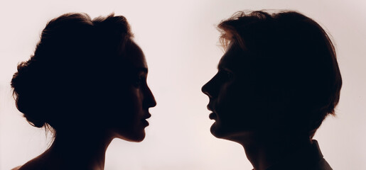 Pair couple man and woman profile portrait face to face. Family psychologist and healthy relationships concept. Understanding and patience. - obrazy, fototapety, plakaty