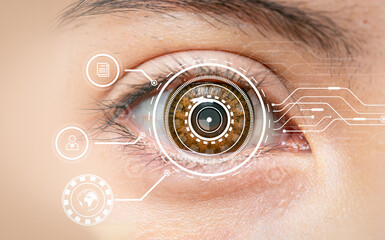 Close-up Eye monitoring and treatment in medical. Biometric scan concept