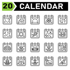 Obraz premium Calendar event icon set include love, hearth, calendar, date, event, islam, moon, cloud, weather, snow, flake, firework, party, stethoscope, doctor, medical, sun, day, new year, birthday, valentine