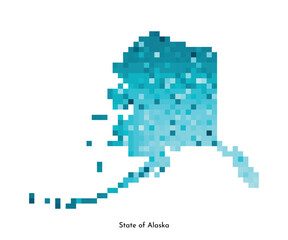 Vector isolated geometric illustration with icy blue area of USA - State of Alaska map. Pixel art style for NFT template. Simple colorful logo with gradient texture