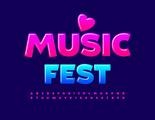 Fototapeta na wymiar Vector event poster Music Fest with decorative Font. Creative glossy Font. Gradient bright Alphabet Letters and Numbers set