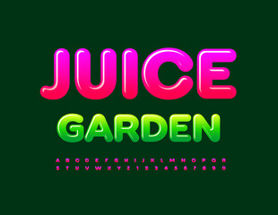 Vector advertising Emblem Juice Garden. Bright Glossy Font. Modern Alphabet Letters and Numbers