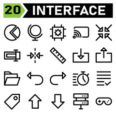 User interface icon set include pie, cart, info graphic, diagram, user interface, globe, world, internet, earth, chip, chip set, processor, cast, recording, streaming, feed, collapse, arrows, zoom