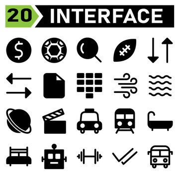 User interface icon set include dollar, money, value, symbol, sign, user interface, football, sport, ball, soccer, game, search, magnifying, glass, zoom, rugby, american, transfer, data, download