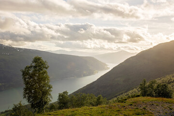 Amazing nature view from mount Hoven, splendid landscape picture over Nordfjord from Loen skylift