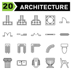 Architecture symbol icon set include pad, footing, structure, stepped, sloped, column, concrete, single, door, double, sliding, window, ventilation, stair, walk, step, u stair, l stair, curved, toilet