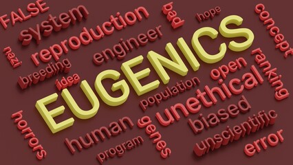 Eugenics idea concept 3d illustration. Word cloud of eugenics terms