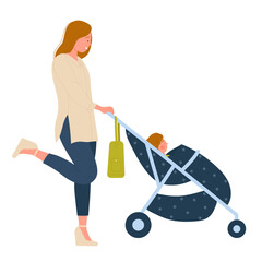 Young mother walking with baby stroller. Motherhood time, family moment vector illustration