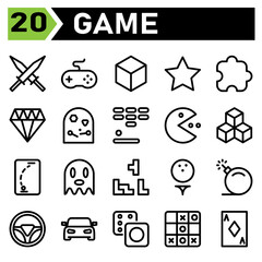 Play Game icon set include sword, game, weapon, games, console, player, gaming, stick, cube, square, box, gift, achievement, star, win, favorite, puzzle, strategy, jewelry, crystal, gem, diamond