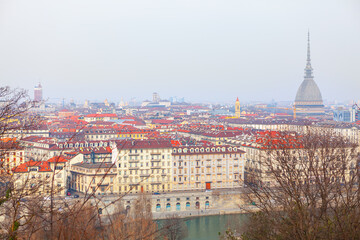 Obraz premium Turin city panorama . River Po in Torino Italy . Mole Antonelliana