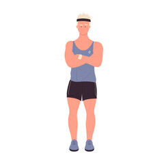 Male trainer with crossed arms. Confident muscular sport coach vector illustration