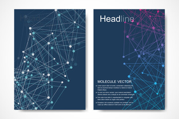 Scientific brochure design template. Vector flyer layout, Molecular structure with connected lines and dots. Scientific pattern atom DNA with elements for magazine, leaflet, cover, poster design.