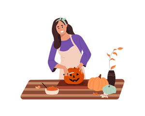 Happy young woman carving pumpkin lantern. Smiling girl in apron preparing for Halloween party celebration. Flat vector illustration isolated on white background