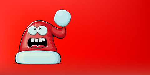 Vector cartoon Santa Claus red hat with smile face isolated on christmas red horizontal bannner background. Childrens Merry Christmas greeting card with funny monster Santa hat. Santa red hat