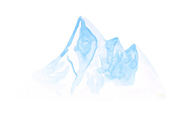 Mountains are isolated on a transparent background. Watercolor glacier illustration. Blue landscape scene clipart. Hand-drawn peaks. Cute peaceful mountain. Winter triangle shape rock.