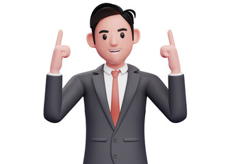 Fototapeta na wymiar businessman in black suit and red tie pointing two fingers up, 3d illustration of a businessman pointing two fingers up