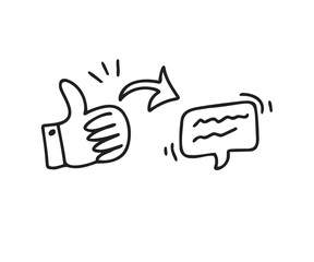 Doodle thumb up arrow and bubble speech symbol for like share and comment. Hand drawn illustration