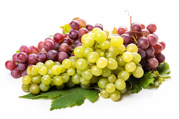 Clusters of white and pink grapes and grape leaves on a white background. isolate