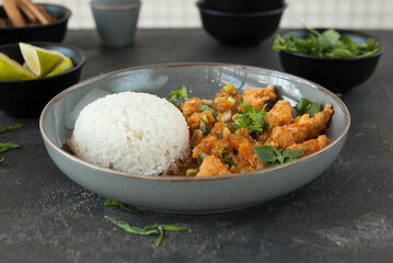bright fragrant meat pieces and strips in starch batter in Asian style with steamed rice