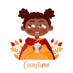 Cozy time. Afro american girl in orange sweater and red scarf drinks hot chocolate with marshmallows. Autumn leaves and berries, warm clothes. For posters, postcards, banners, fabric printing.