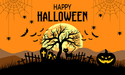 Happy halloween orange background full moon with spiders, cat, pumpkin, cemetery and bats.vector illustration.