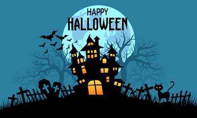 Halloween background full moon with hounted house, cemetery cat and flying bats. vector illustration.