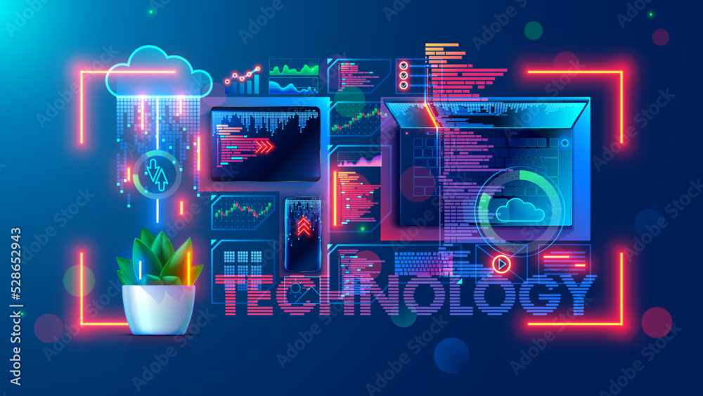 Fototapete Software development technology concept. Programming, coding, testing application for mobile devices. Laptop, phone, tablet on table top view. Abstract design elements of interface on screen computer.