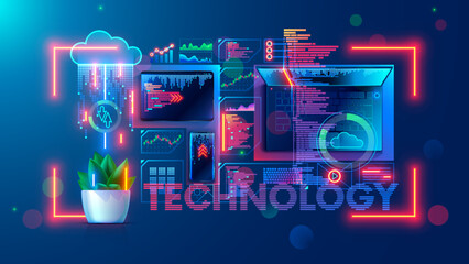 Software development technology concept. Programming, coding, testing application for mobile devices. Laptop, phone, tablet on table top view. Abstract design elements of interface on screen computer.