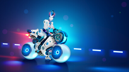 Woman cyborg biker on futuristic bike. Beautiful girl robot on motorbike. Cool female biker on white sport motorcycle with spherical wheels on road. Sci-fi vehicle or transport. Cyberpunk wallpaper.