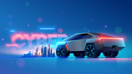 Futuristic car. Silver car stands against background of futuristic city. Sci-fi concept of autonomous smart automobile. Electric vehicle or transport. Conceptual Cyber car in fantastic cyberpunk style