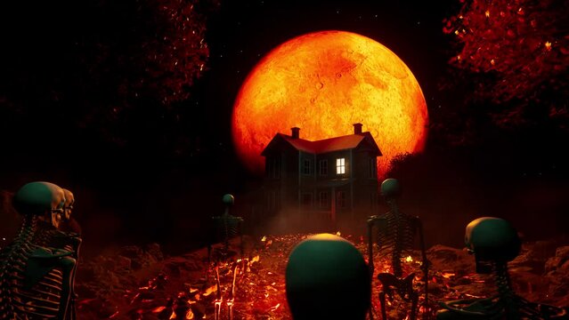 Full bloody moon over the old house on the eve of Halloween. Hellraiser skeletons and the dead move across the burning earth towards the beckoning moonlight.