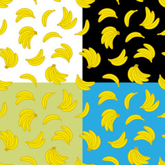 Set of seamless patterns with bunch of sweet ripe bananas. Harvesting tropical fruits. Ornament for decoration and printing on fabric. Design element. Vector